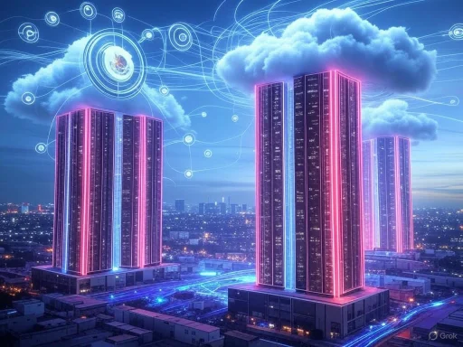 Futuristic cityscape with neon-lit skyscrapers and digital cloud network overlays.