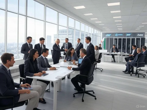 Business professionals in a modern, high-rise conference room engaged in a formal meeting.