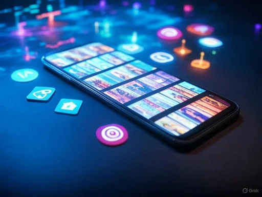 A smartphone displays a colorful photo gallery, surrounded by social media icons on a dark surface.