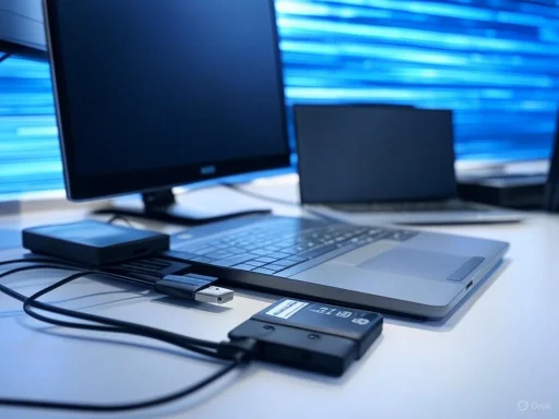A close-up of a modern workspace featuring a laptop, external drives, and cables on a desk with blue-lit background.