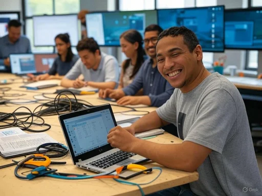 Group of people working with laptops and electronics in a modern office or classroom setting.