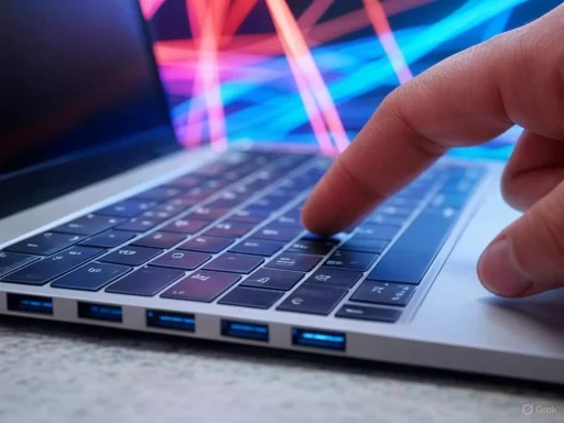 A person's hand interacts with a laptop keyboard, with colorful digital light patterns reflected on the screen.