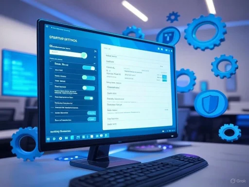 A computer setup with security and system settings on the screen, surrounded by digital gear icons representing cybersecurity.