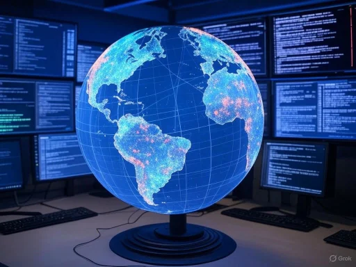 A digital globe showing Earth's continents surrounded by multiple computer monitors displaying code or data.