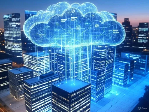A digital cloud hologram hovers above a city skyline at dusk, symbolizing cloud computing technology. A digital cloud hologram hovers above a city skyline at dusk, symbolizing cloud computing technology.