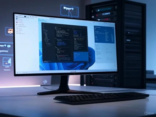 A computer monitor displays code and system information in a modern server room setup. A computer monitor displays code and system information in a modern server room setup.