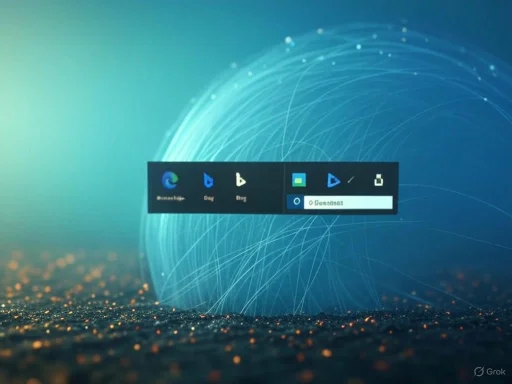 Screenshot of a digital desktop with icons for Microsoft Edge, Bing, and other browsing tools against a futuristic, blue-glow background. Screenshot of a digital desktop with icons for Microsoft Edge, Bing, and other browsing tools against a futuristic, blue-glow background.