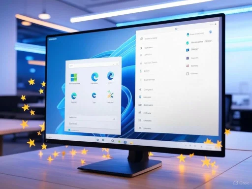 A computer monitor displays a Windows interface with browser icons and settings, with European stars overlayed around.