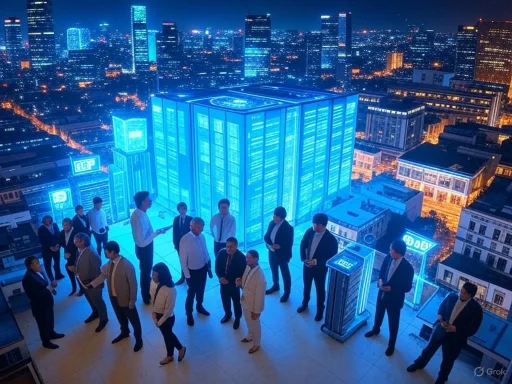 Businesspeople gathering on a rooftop at night amid illuminated, futuristic skyscrapers in a glowing cityscape.