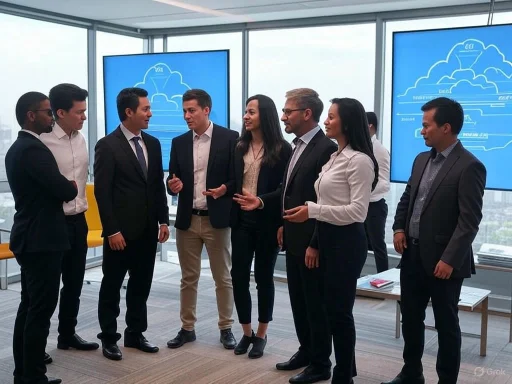 A diverse group of professionals is engaged in a discussion in a modern office with large screens displaying cloud computing diagrams.