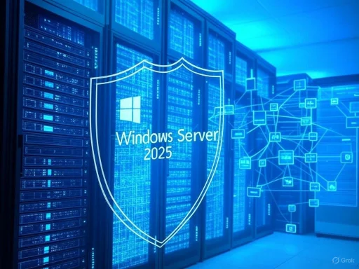 A data center with a digital overlay promoting Windows Server 2025 security and networking features.