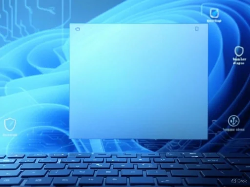 A digital interface with a blue abstract background, a central empty window, and various icons.