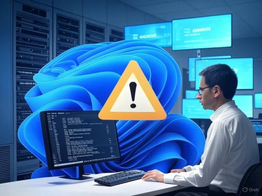 A person working on a computer with a warning icon overlayed, indicating a potential alert or cybersecurity issue on Windows 11.