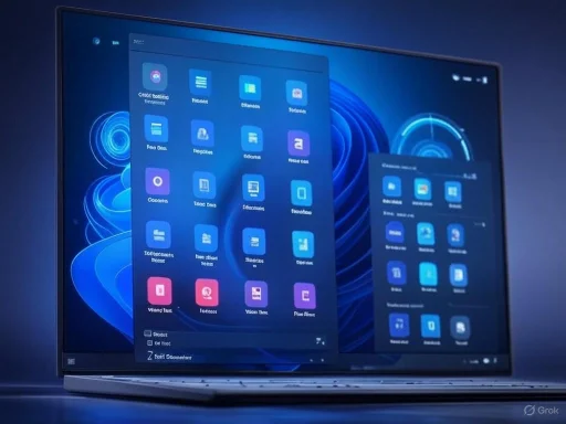 A laptop screen displays a futuristic interface with various blue and purple app icons and data visualization graphics.