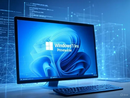 A computer monitor displays a Windows 11 preview screen with a digital, futuristic background of interconnected lines and data points.