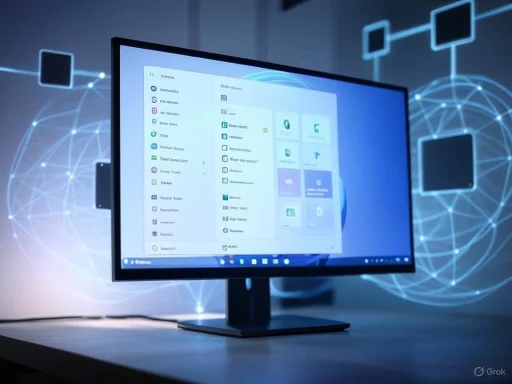 A computer monitor displaying a Windows interface in a high-tech, digital-themed environment.