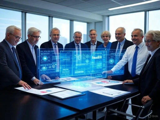 Executives collaborate around a futuristic digital interface in a modern office conference room.