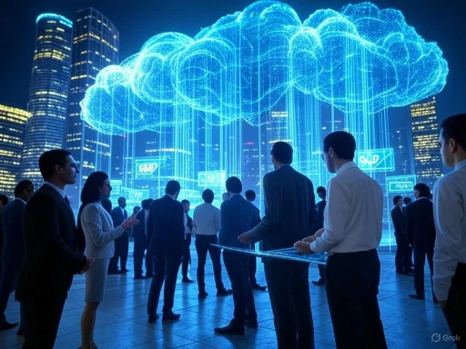 Businesspeople gather around a large digital cloud hologram in a futuristic cityscape.