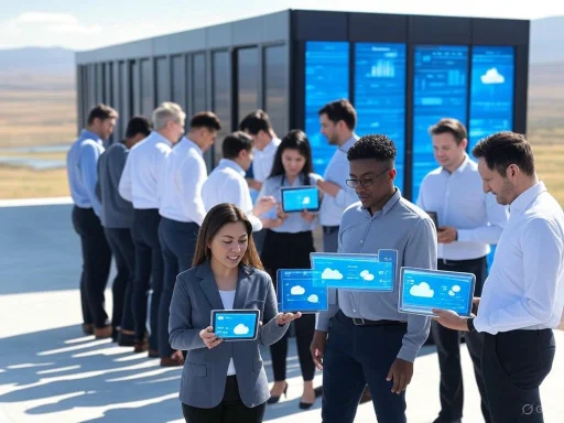 Group of professionals using digital tablets and devices outdoors with a data center in the background.