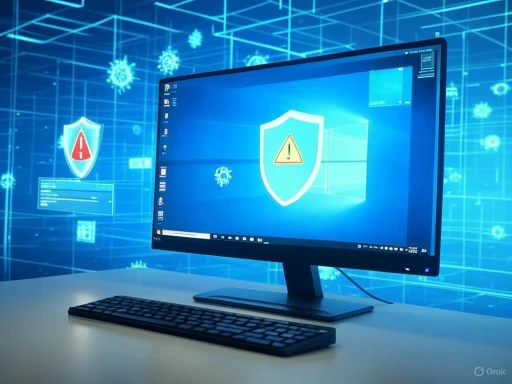 A computer monitor displays a security alert icon with warning symbols, surrounded by a digital virus and threat graphics.
