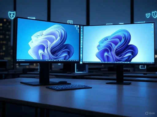 Dual computer monitors displaying abstract blue and purple digital art in a modern, dimly lit office.