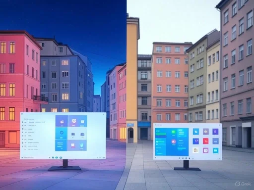 A split image shows a digital display in a colorful cityscape, with one side during daytime and the other at night.
