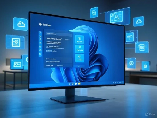 A computer monitor displays a software interface with floating icons representing cloud and data management.