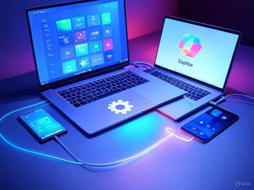 Multiple electronic devices interconnected with colorful LED lighting: two laptops, two smartphones, and a focus on digital workspace.