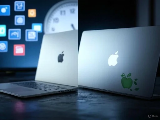 Split image showcasing an Apple MacBook in two different lighting and background settings.