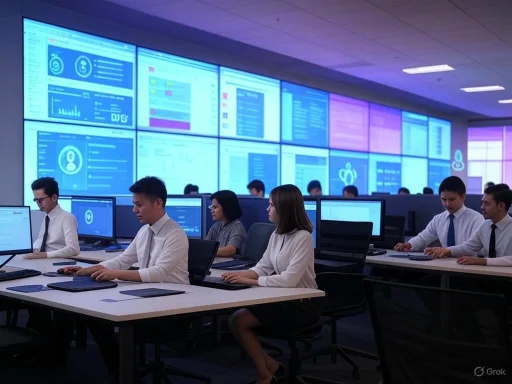 People working at computers in a high-tech control room or data center with large digital screens.