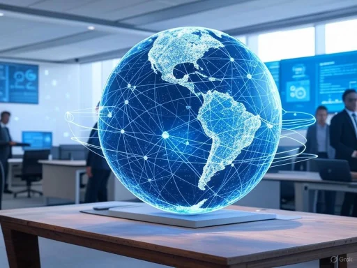 A digital globe of Earth with interconnected lines and nodes, displayed in a modern office setting.