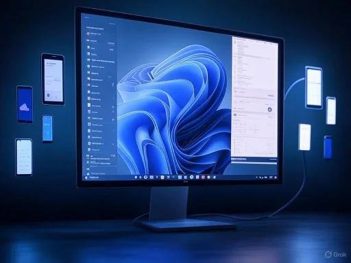 A desktop monitor displays multiple connected smartphones in a digital setup with a blue-themed background.