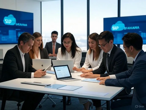A diverse group of professionals attend a business meeting in a modern conference room with large windows.