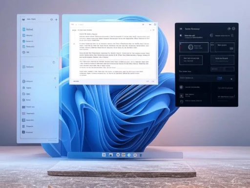 A computer screen displays multiple floating windows with document, email, and calendar apps against a blue abstract background.