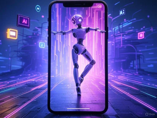 A humanoid robot dancing inside a smartphone, surrounded by a neon-lit digital circuit background.