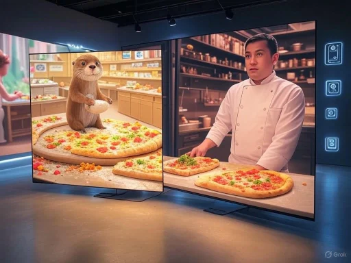 A chef prepares pizza in a high-tech kitchen with a cartoon otter on a screen, creating a playful, futuristic culinary scene. A chef prepares pizza in a high-tech kitchen with a cartoon otter on a screen, creating a playful, futuristic culinary scene.