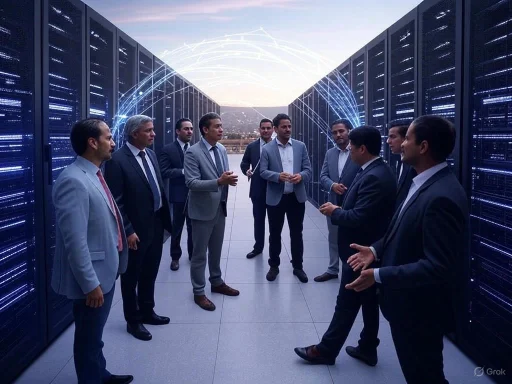 Business professionals in suits discuss in a high-tech data center with glowing server racks and digital network visuals.