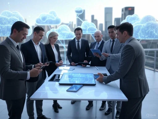 Business professionals collaborate on cloud technology in a futuristic cityscape with digital cloud icons. Business professionals collaborate on cloud technology in a futuristic cityscape with digital cloud icons.