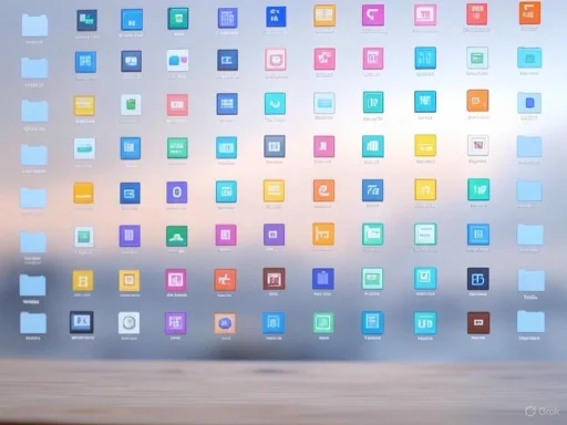 A computer desktop with numerous colorful app icons and folders arranged in a grid pattern.