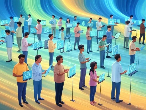 People using digital devices in a large, colorful, futuristic virtual environment. People using digital devices in a large, colorful, futuristic virtual environment.