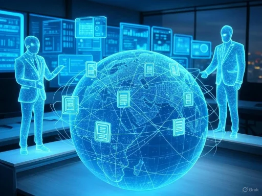 Digital hologram of a globe with interconnected data points, featuring two holographic business figures in a high-tech office.