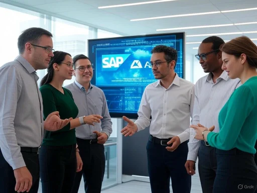 A team of diverse professionals discusses in a modern office with a large screen displaying SAP and other logos.
