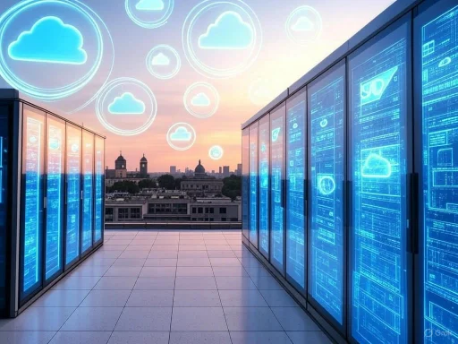 Cloud computing icons over data servers at sunset, representing digital data storage and cloud technology.