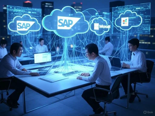 People working on laptops in a dark room with digital cloud graphics and data connections, representing cloud computing and SAP services.