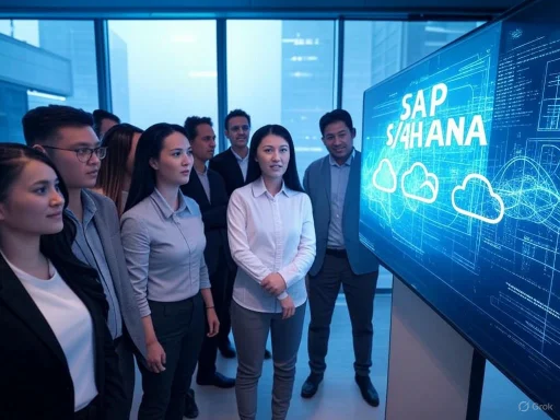 A diverse group of professionals watches a presentation on SAP S/4HANA technology on a large digital screen in an office.
