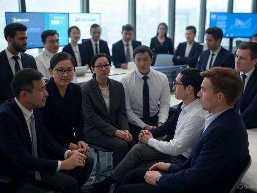 A diverse group of professionals engaged in a serious discussion in a modern conference room.