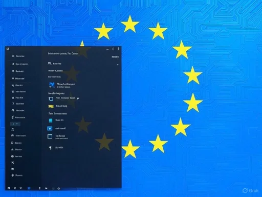 A computer desktop with a European Union flag background featuring yellow stars, and an open menu overlay.