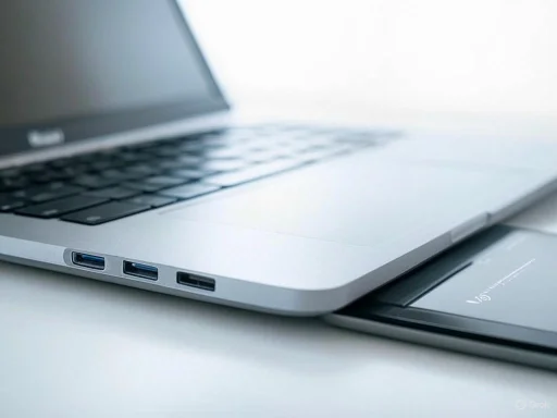 A close-up of a sleek, modern laptop with USB-C ports, resting on a flat surface. A close-up of a sleek, modern laptop with USB-C ports, resting on a flat surface.