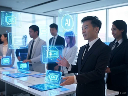 Business professionals interact with holographic AI and digital interface displays in a modern office setting.