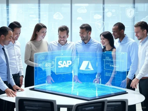 A diverse group of professionals interacts with a holographic display featuring SAP and other digital icons.